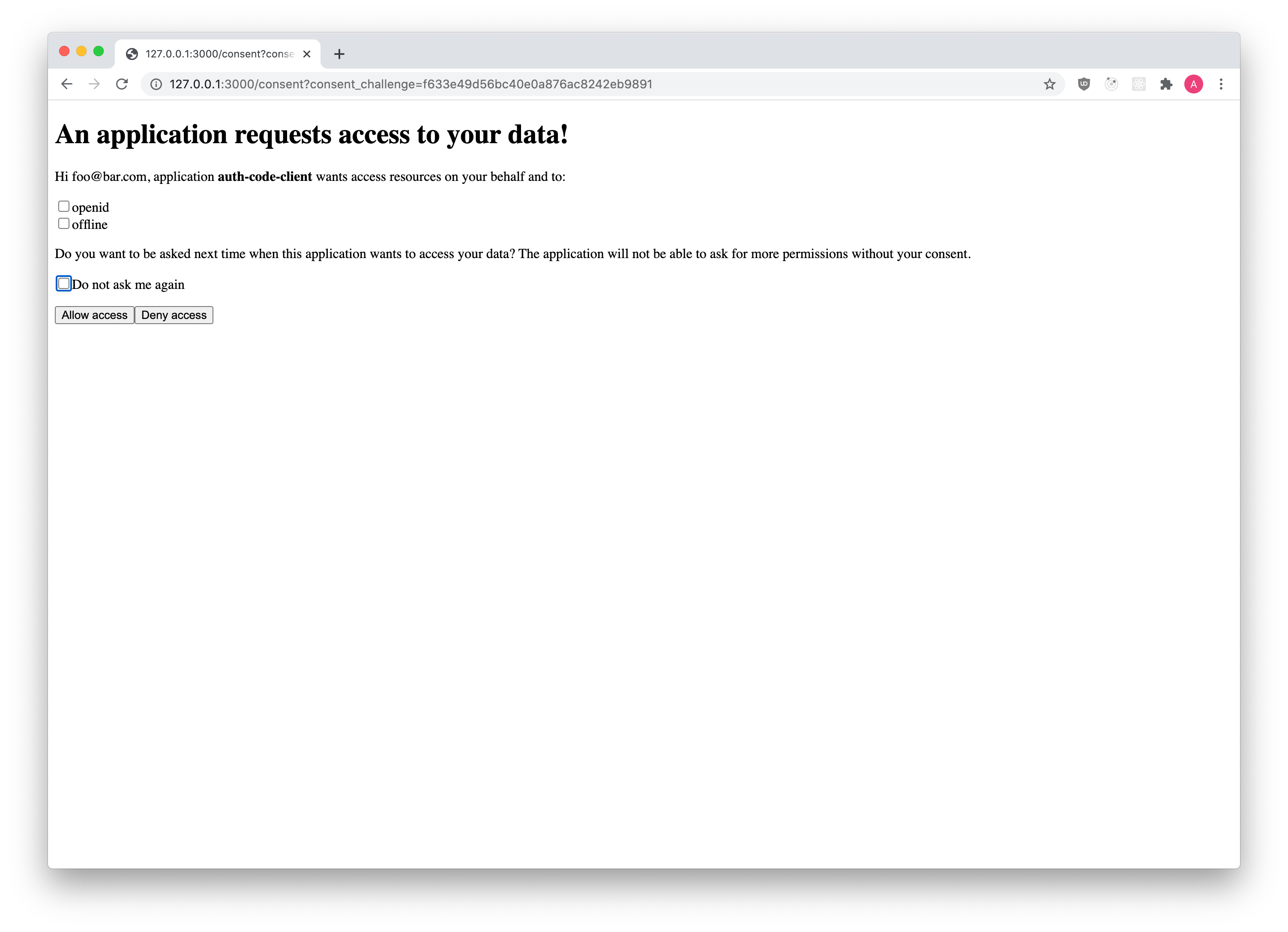 Exemplary OAuth 2.0 Consent Screen