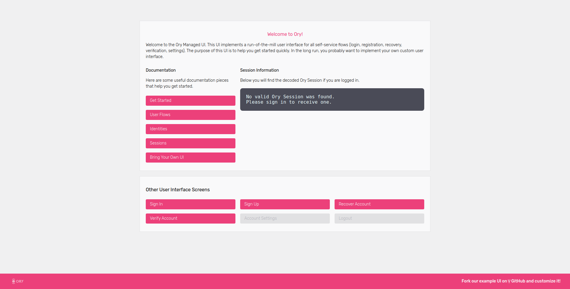 Ory Cloud Managed User Interface Home